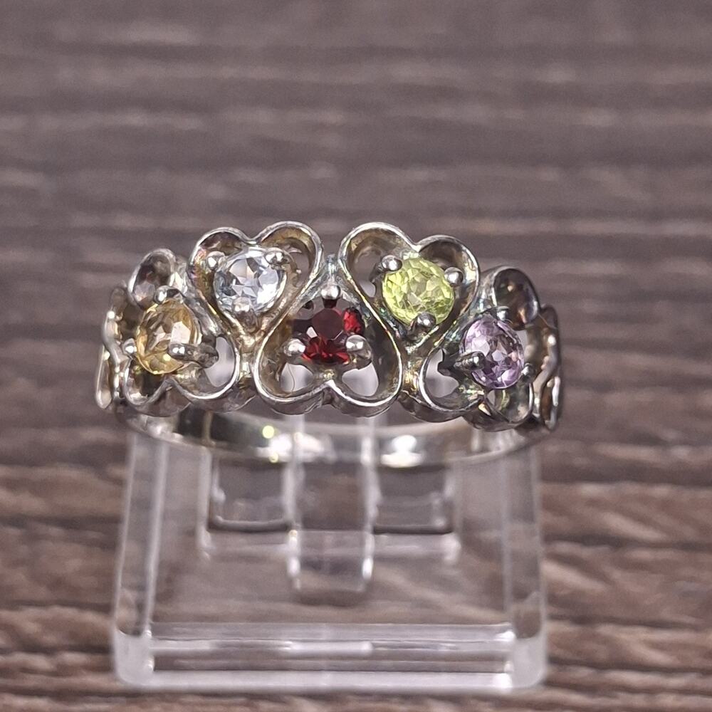 925 Sterling Silver Multi-Gemstone Heart Band Ring Multicolor Stones Size 7